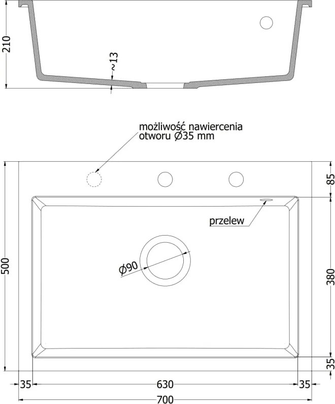 Mexen Elix гранитна мивка с 1 отделение 700 x 500 mm, черно напечено, сифон хром - 6526701005-76