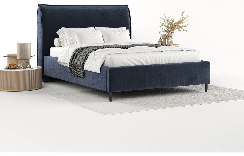 Тъмносиньо тапицирано двойно легло с място за съхранение с включена подматрачна рамка 160x200 cm Shell – Maison de Rêve