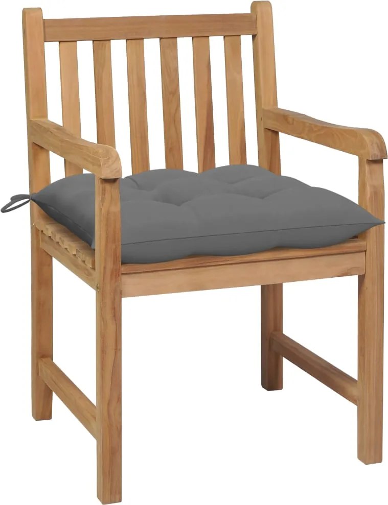 3062746 vidaXL Градински столове, 2 бр, сиви възглавници, тиково дърво масив