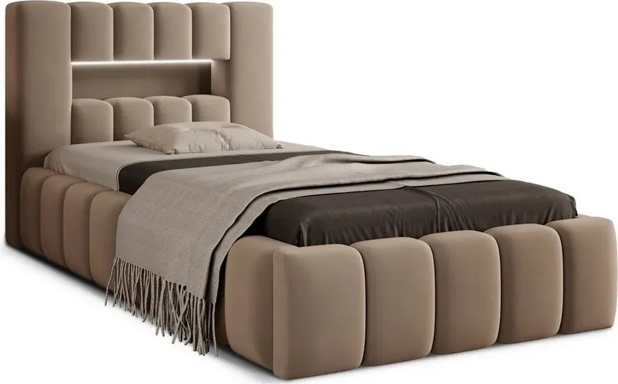 Светлокафяво единично тапицирано легло с място за съхранение и включена подматрачна рамка 90x200 cm Lamica – ELTAP