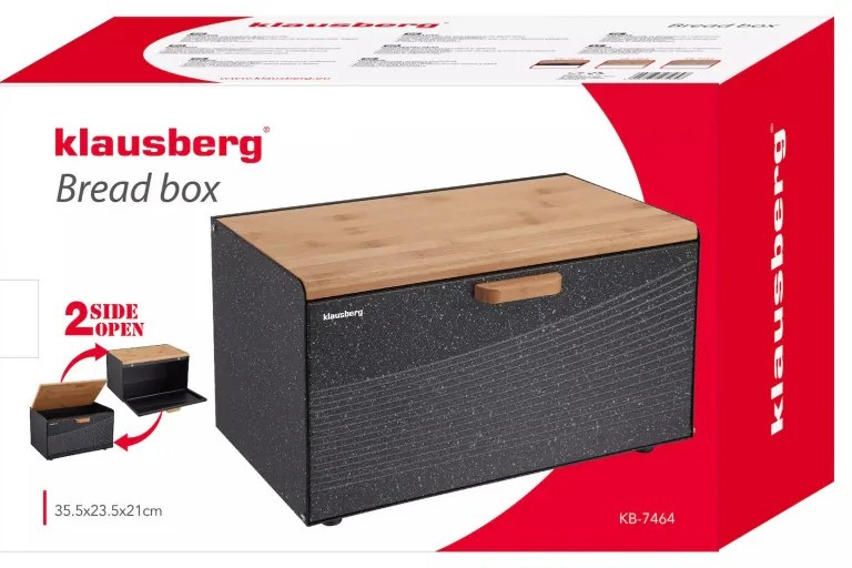 Кутия за хляб Klausberg KB 7464, 35.5 см, Стомана, Бамбук, Горен и преден капак, Черен