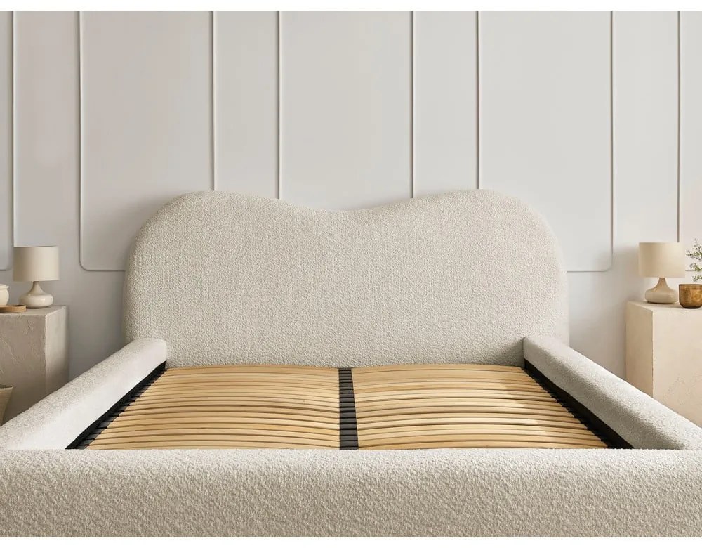 Бежово тапицирано двойно легло с място за съхранение с включена подматрачна рамка 140x190 cm Orlane – Bobochic Paris