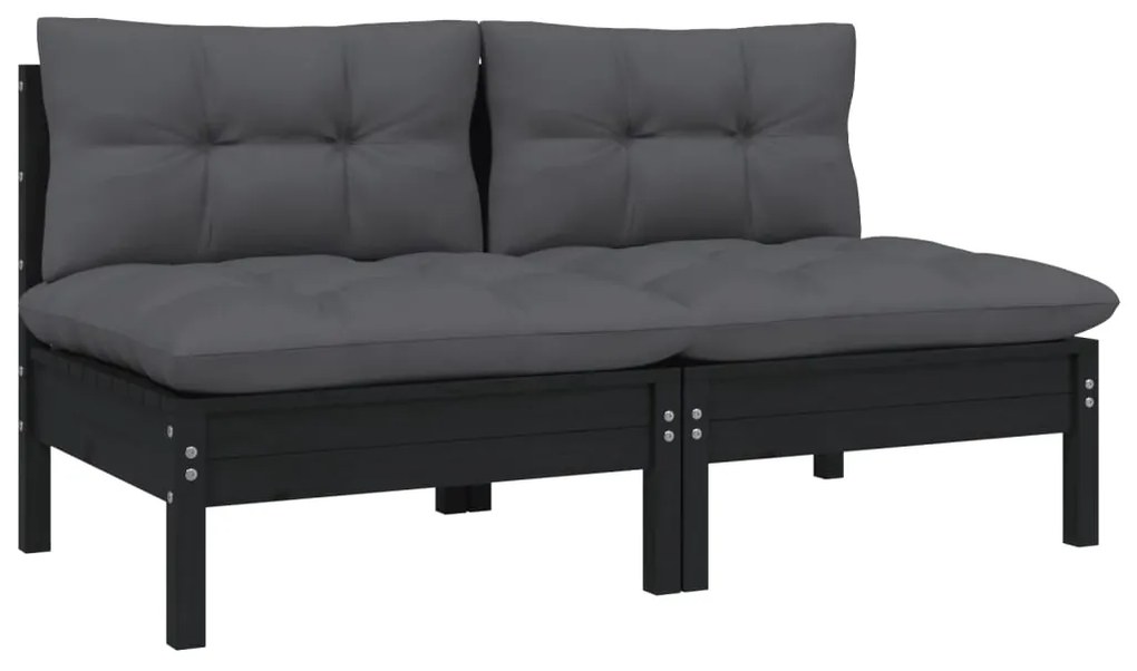 806656 vidaXL 2-местен градински диван с възглавници, черен, бор масив