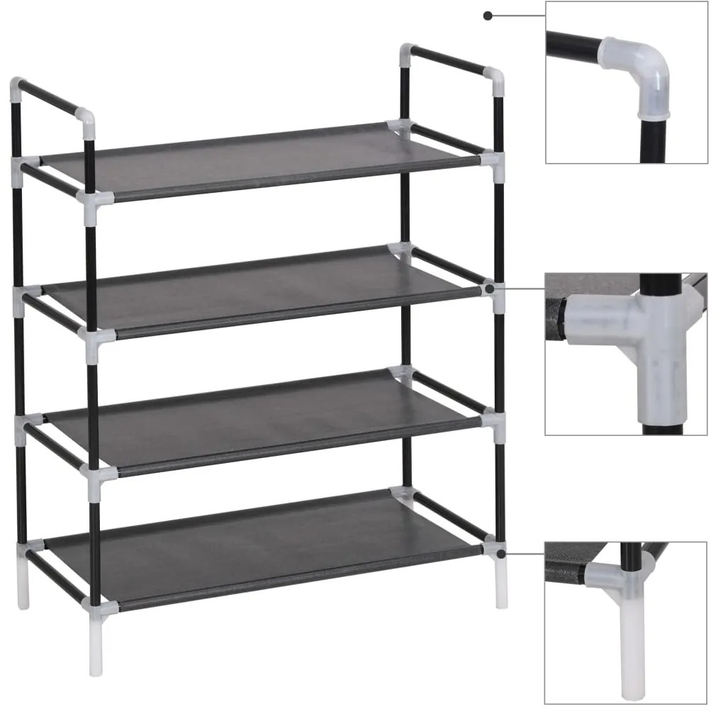 245628 vidaXL Стелаж за обувки с 4 рафта, метал и нетъкан текстил, черен