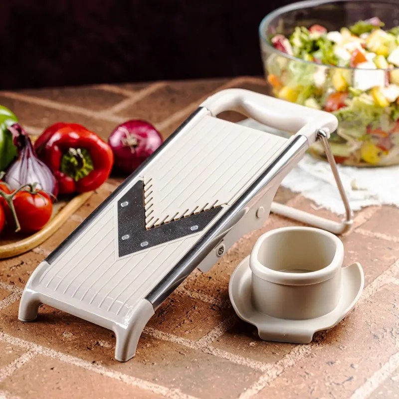 Ренде за зеленчуци Kinghoff KH 2006, Регулируема дебелина, V-образни остриета, Жулиен 5 мм, Бежов/Сив