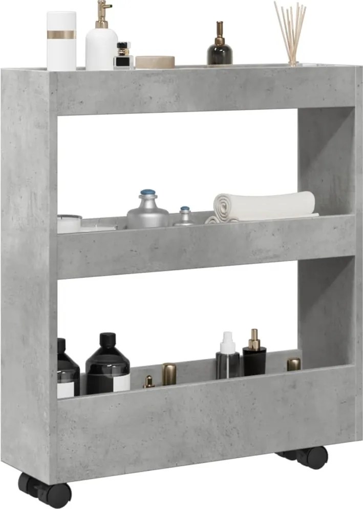 855244 vidaXL Тясна количка за съхранение 3 нива бетонно сивa инженерно дърво