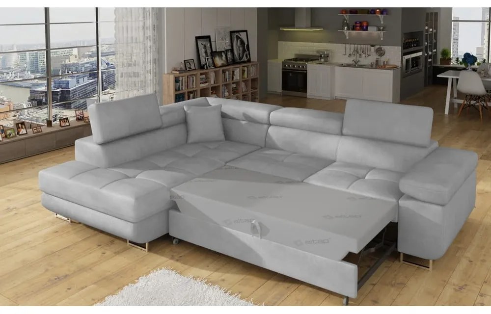 Светлосив кадифен разтегателен ъглов диван с място за съхранение (ляв ъгъл L форма) Anton – ELTAP