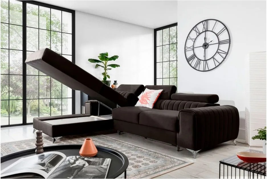 Тъмнокафяв кадифен разтегателен ъглов диван с място за съхранение (ляв ъгъл) Grayson – ELTAP