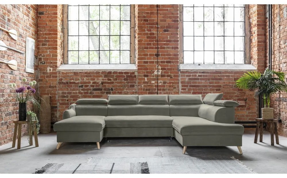 Светлосив кадифен U-образен ъглов диван (десен ъгъл) Sweet Harmony - Miuform