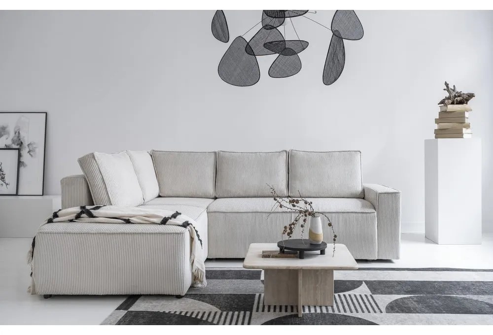 Бял разтегателен ъглов диван от рипсено кадифе (ляв ъгъл) Brave Dave – Miuform