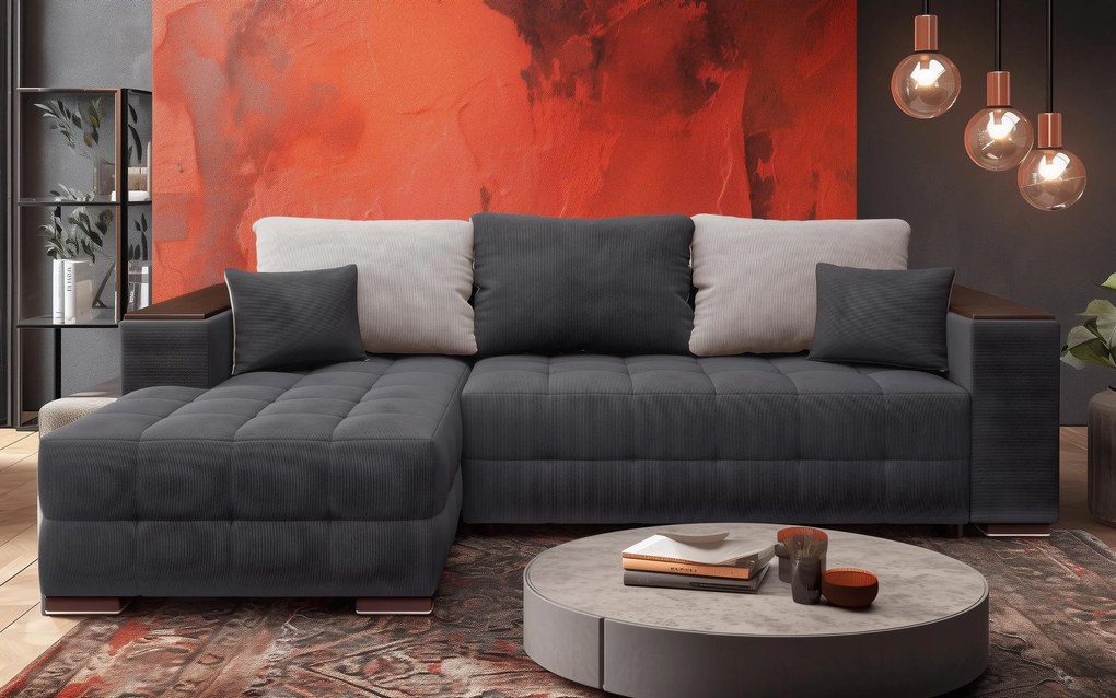 Разтегателен ъглов диван с подлакътник етажерка Мелвин Спринг S