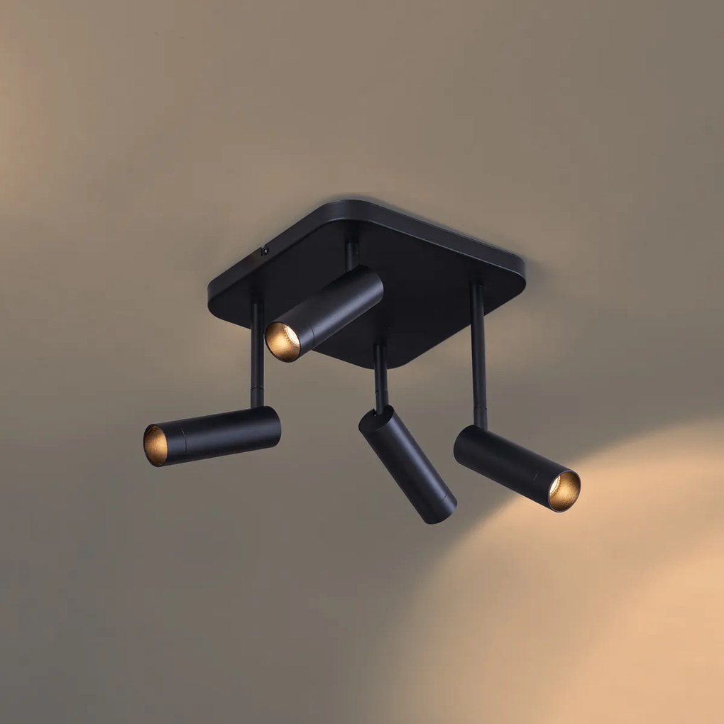 Заоблен таванен прожектор черен GU10 35mm 4-светлини въртящ се и накланящ се - Kate