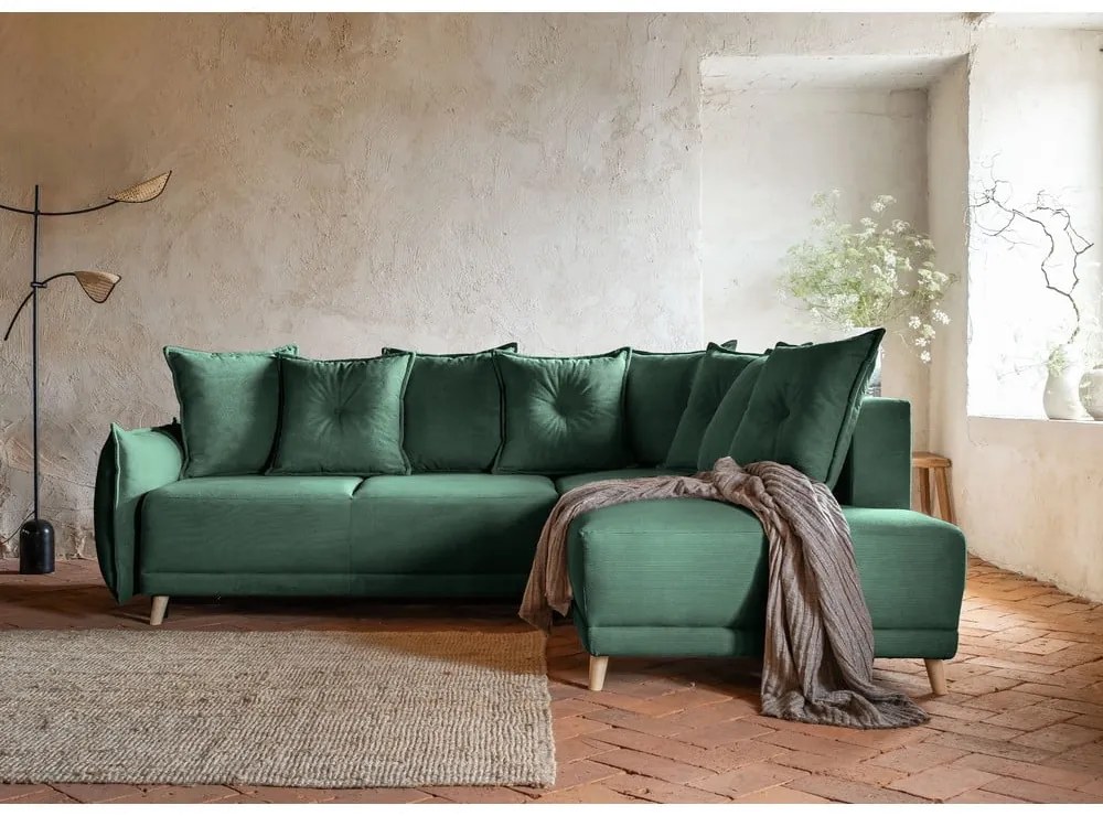 Зелен велурен разтегателен диван (десен ъгъл) Lazy Lukka - Miuform