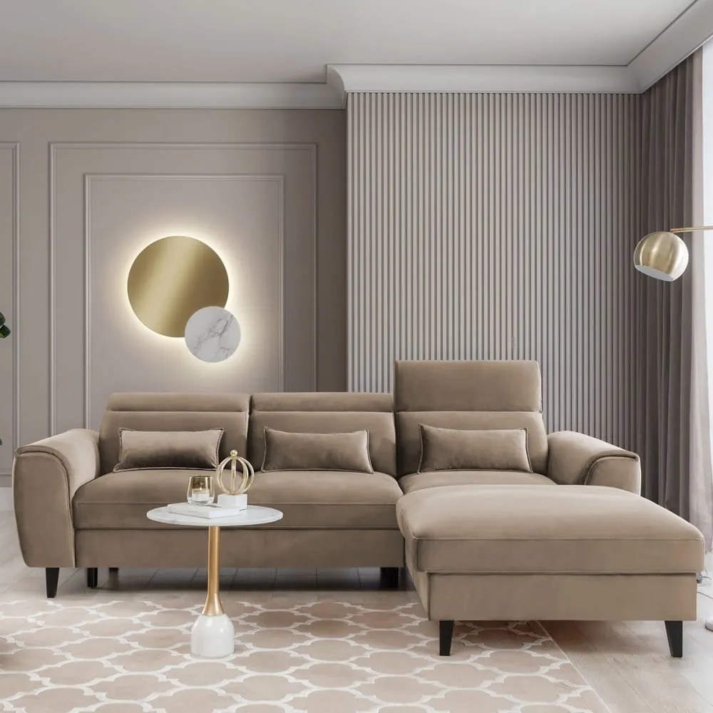 Светлокафяв кадифен разтегателен ъглов диван с място за съхранение (десен ъгъл) Foble – ELTAP