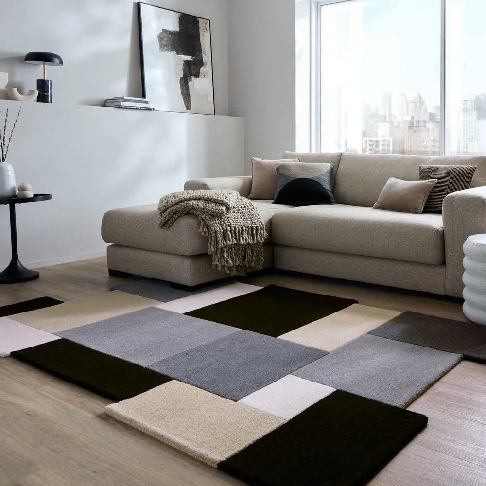 Черно-сив ръчно изработен вълнен килим 120x180 cm Collage Monochrome – Flair Rugs
