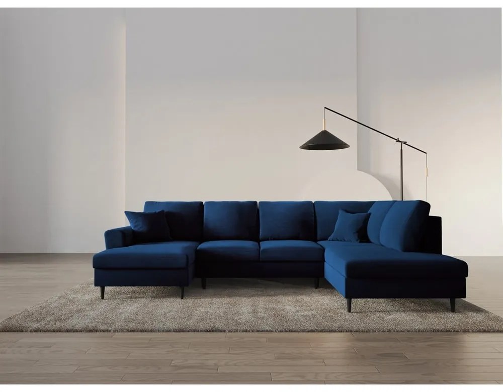 Син кадифен разтегателен ъглов диван с място за съхранение (десен ъгъл/U форма) Kyoto – Cosmopolitan Design
