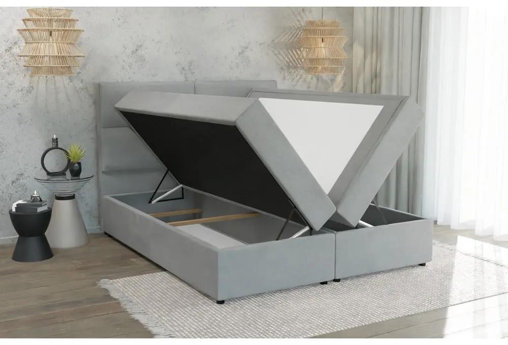 Светлосиво двойно тапицирано легло с място за съхранение с включена подматрачна рамка 200x200 cm Rico – Ropez