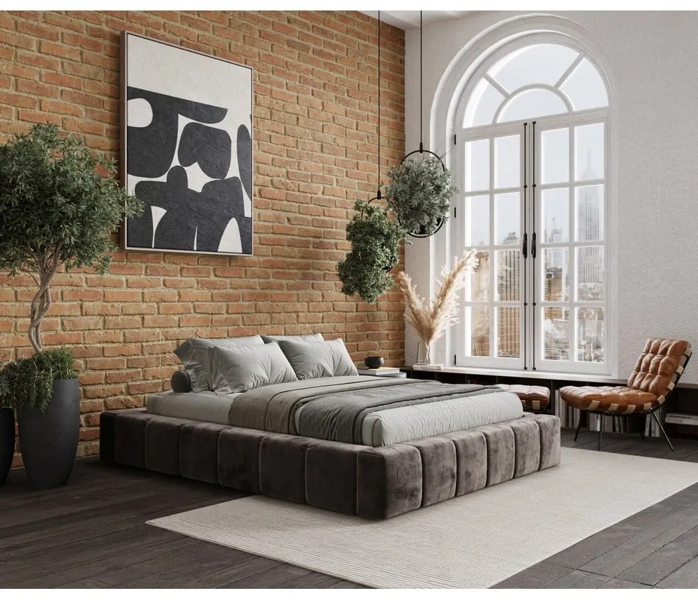 Кафяво тапицирано двойно легло с място за съхранение с включена подматрачна рамка 200x200 cm Aruba L – Maison de Rêve