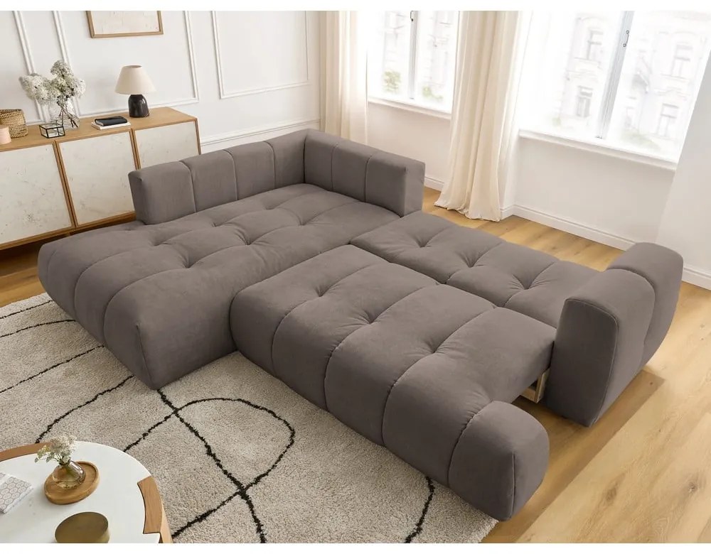 Кафяво-сив сгъваем/с място за съхранение ъглов диван (ляв ъгъл/L форма) Fuji – Bobochic Paris