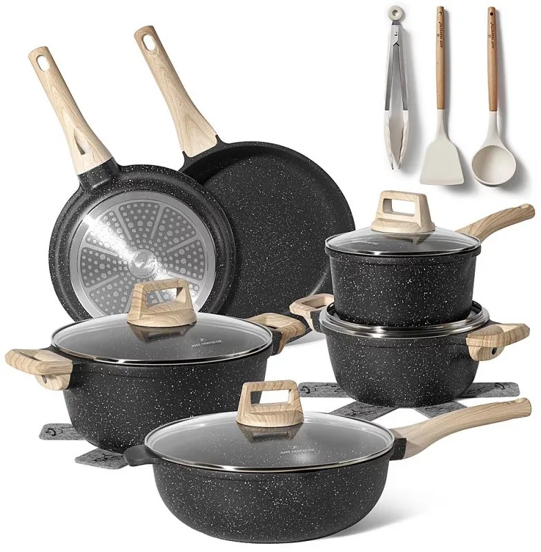 Разопакован: Комплект тенджери и тигани Just Perfecto JL-789, 15 ч, Отливка, Мраморно покритие, Индукция, Аксесоари, Черен