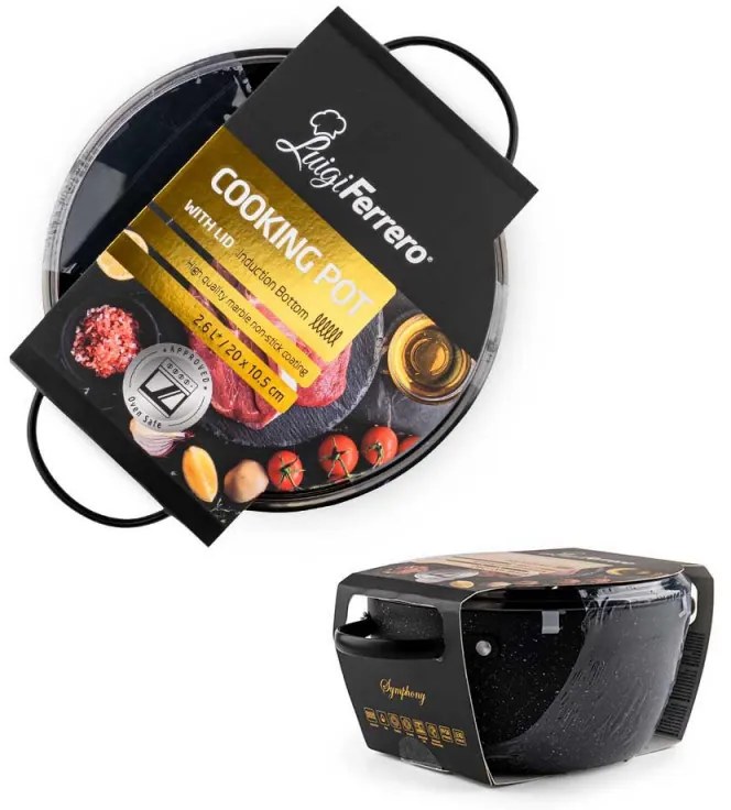 Тенджера Luigi Ferrero Symphony FR-2010, 20x10.5 см, 2.6 л, Незалепващо покритие, Стъклен капак с отвор за пара, Стоманени дръжки с PVD, Индукция, Черен мрамор