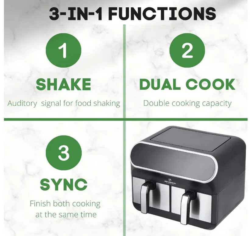 Фритюрник с горещ въздух JUST PERFECTO JP 1980 JL10 , 1700W, 8 литра, 8 програми, Две кошници, Черен/инокс