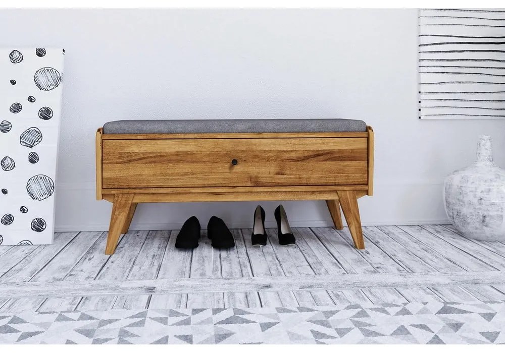 Пейка с място за съхранение от дъбова дървесина със светлосива седалка Retro - The Beds