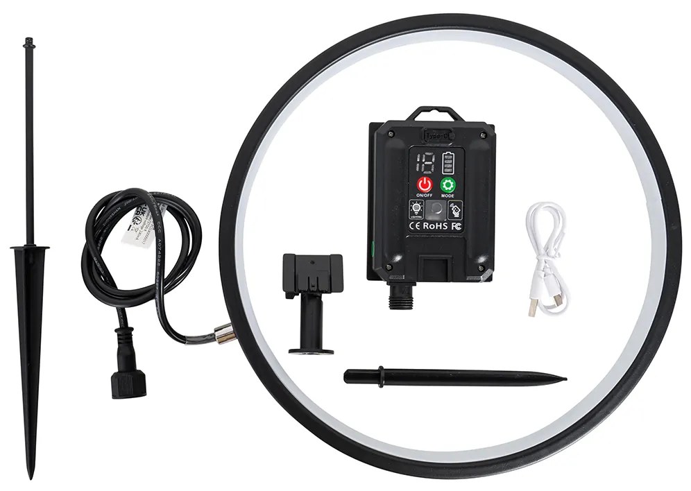 Шпикова лампа черна 60 см с презареждаема LED и слънчева IP65 - Adalind