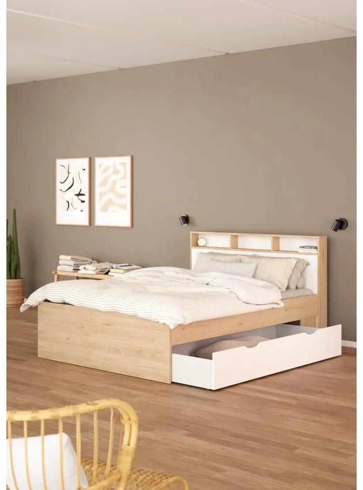 Двойно легло от дъбов декор с място за съхранение без ламелно дъно в естествен цвят 160x200 cm Ikast – Tvilum