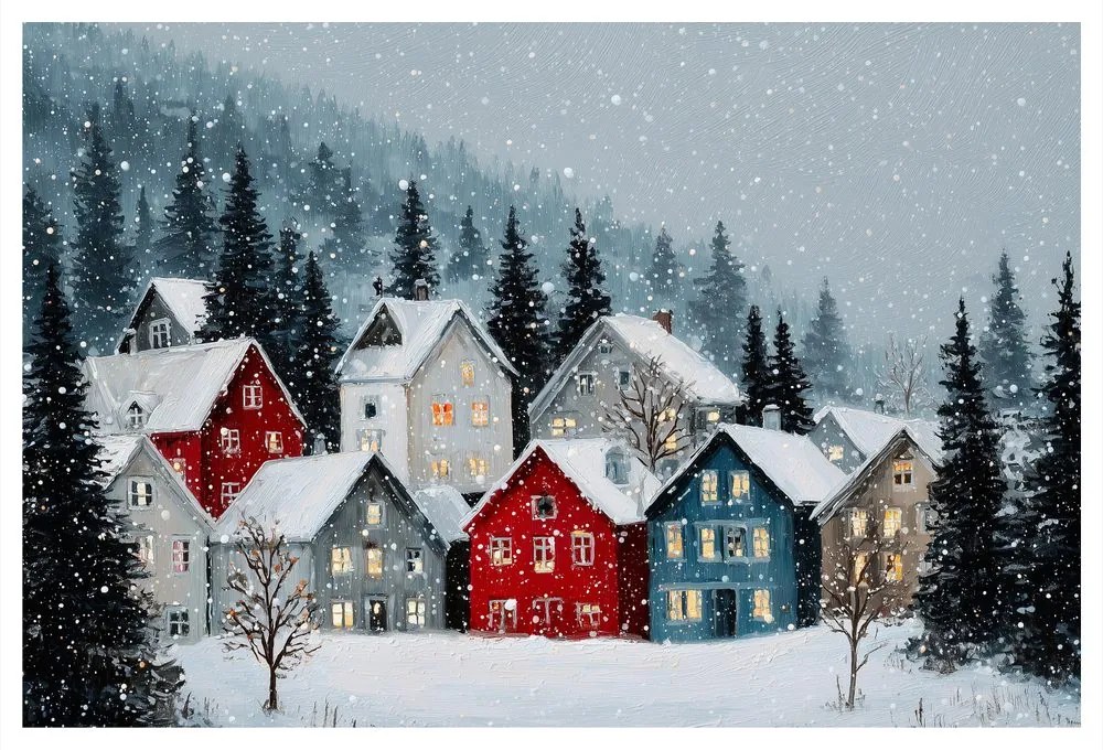 Картина на платно – Коледно селце под снежна покривка