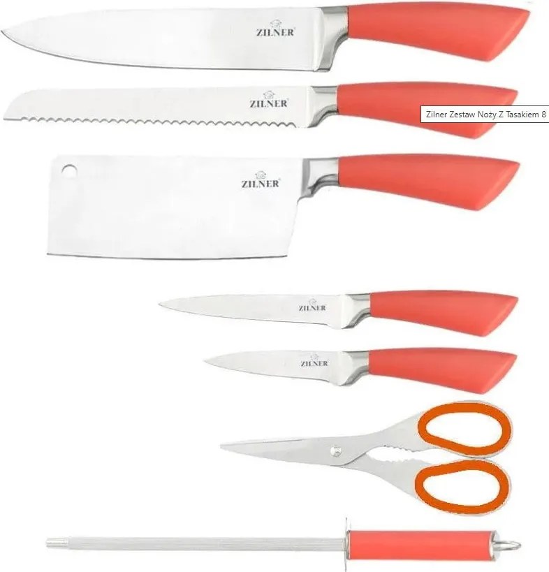 Комплект ножове с поставка ZILNER ZL 5126, 8 части, Точило, Ножици, Неръждаема стомана, Червен