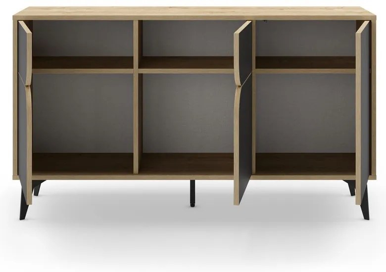 Нисък скрин с дъбов декор в черно - естествен цвят 140x79 cm Nola - Marckeric