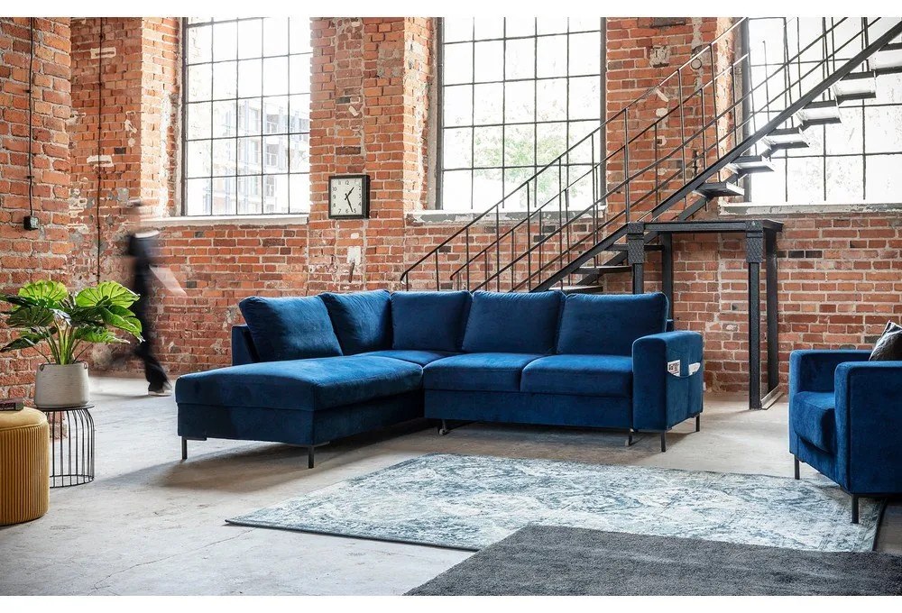 Тъмносин кадифен разтегателен ъглов диван (ляв ъгъл) Lofty Lilly – Miuform