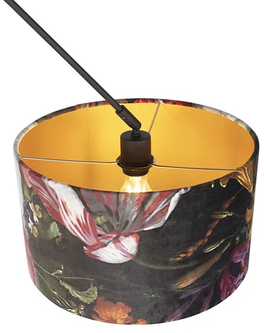 Висяща лампа черна с кадифена абажур с цветя със злато 35 см - Blitz