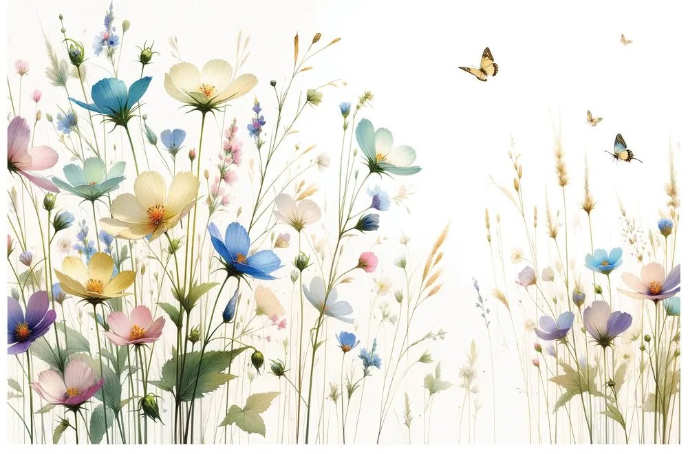 Самозалепващ тапет – Пастелни цветя и летящи пеперуди
