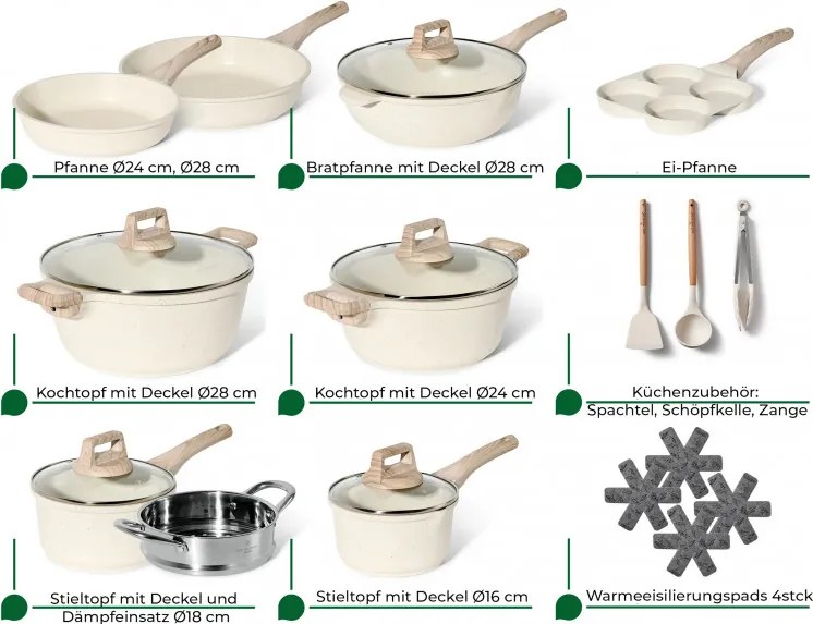 Разопакован: Комплект тенджери и тигани Just Perfecto JL-721, 21 ч, Отливка, Мраморно покритие, Индукция, Съд за готвене на пара, Аксесоари, Бежов