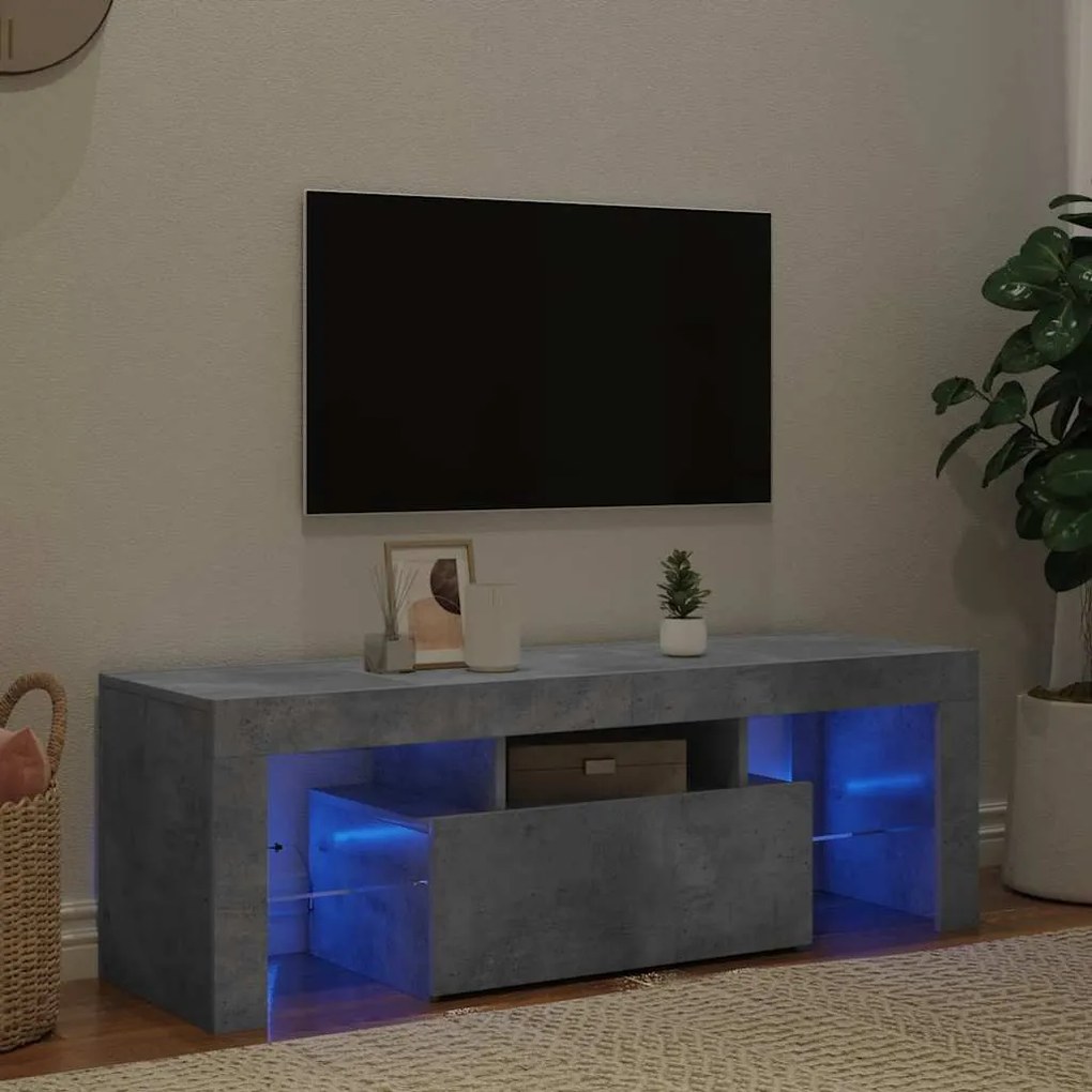 804350 vidaXL ТВ шкаф с LED осветление, бетонно сив, 120x35x40 см