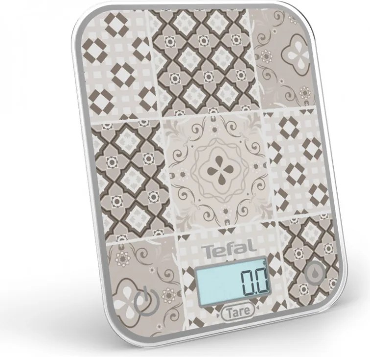 Кухненска везна Tefal Optiss BC50D6V0, До 5 кг, ТАРА, LCD, Стъкло, Големи цифри, Сив/декоративен десен
