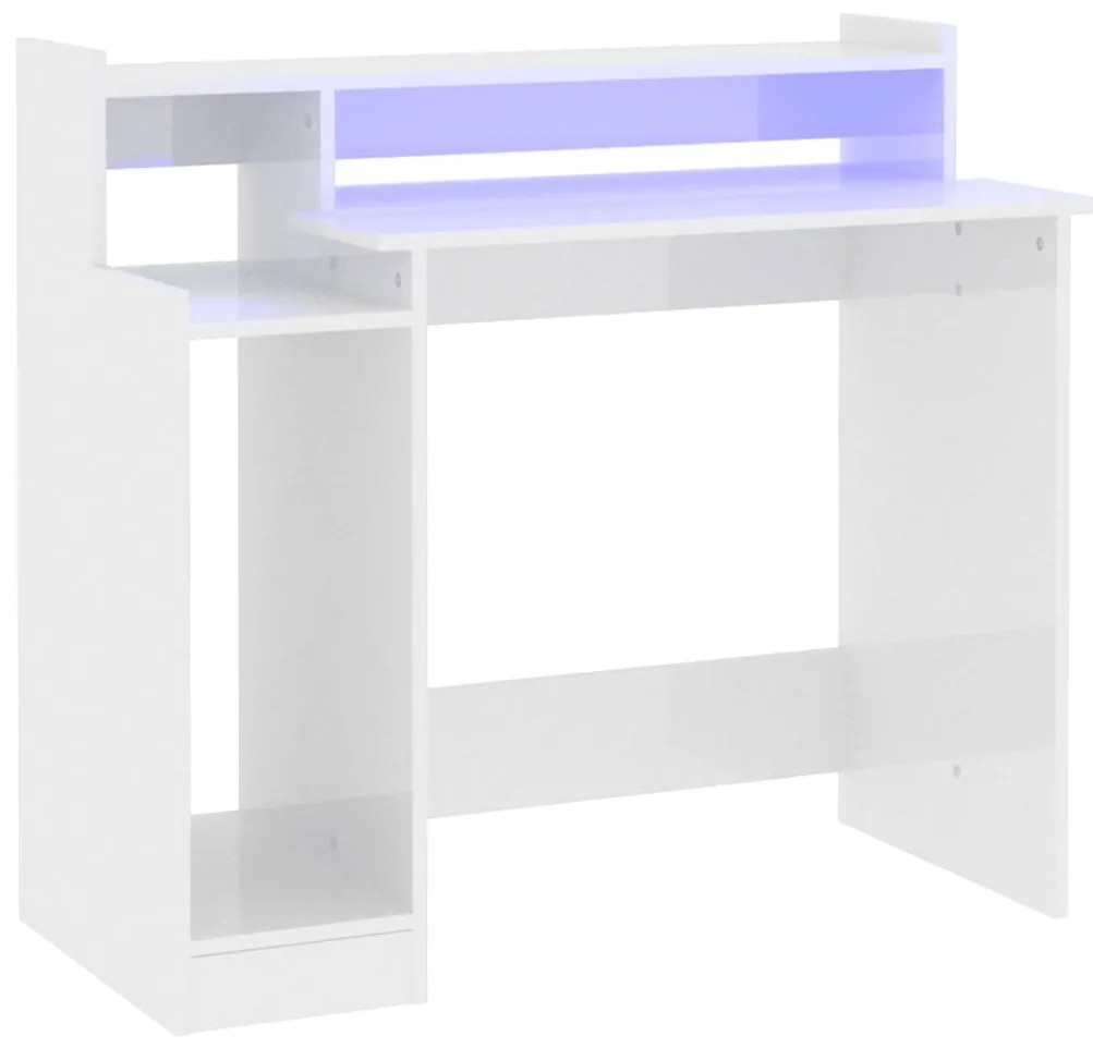 805558 vidaXL Бюро с LED осветление, бял гланц, 97x45x90 см, инженерно дърво