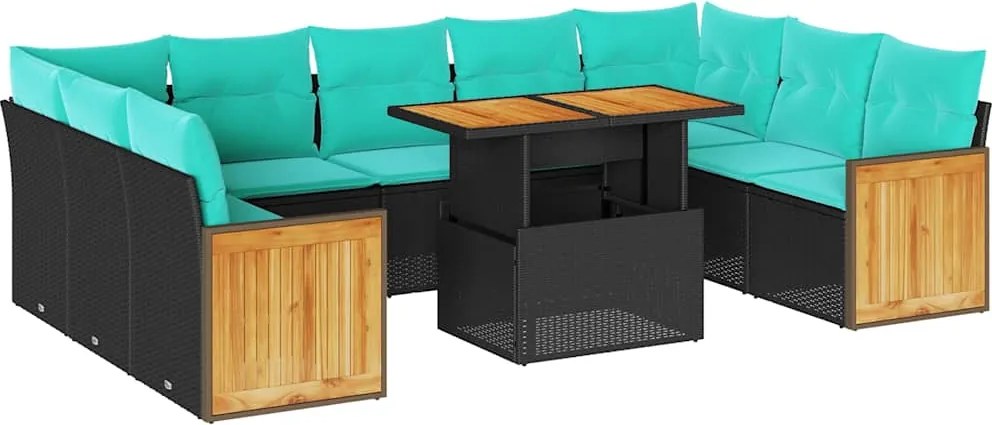 3327753 vidaXL Градински диван с възглавници 10 части черен полиратан акация