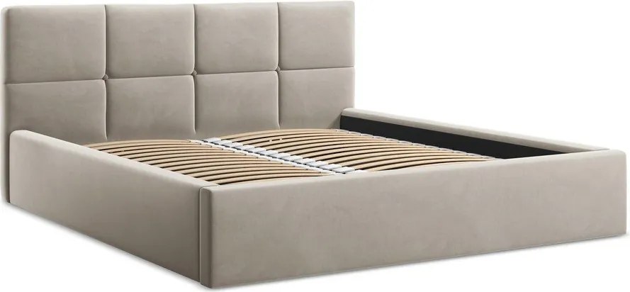 Кафяво-сиво кадифено двойно легло 140x200 cm тапицирано с място за съхранение и включена подматрачна рамка Hiko – Makamii