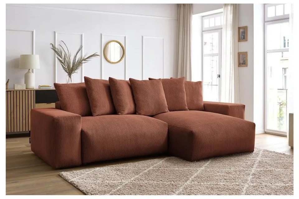 Теракотен сгъваем/с място за съхранение ъглов диван от рипсено кадифе Voltaire – Bobochic Paris