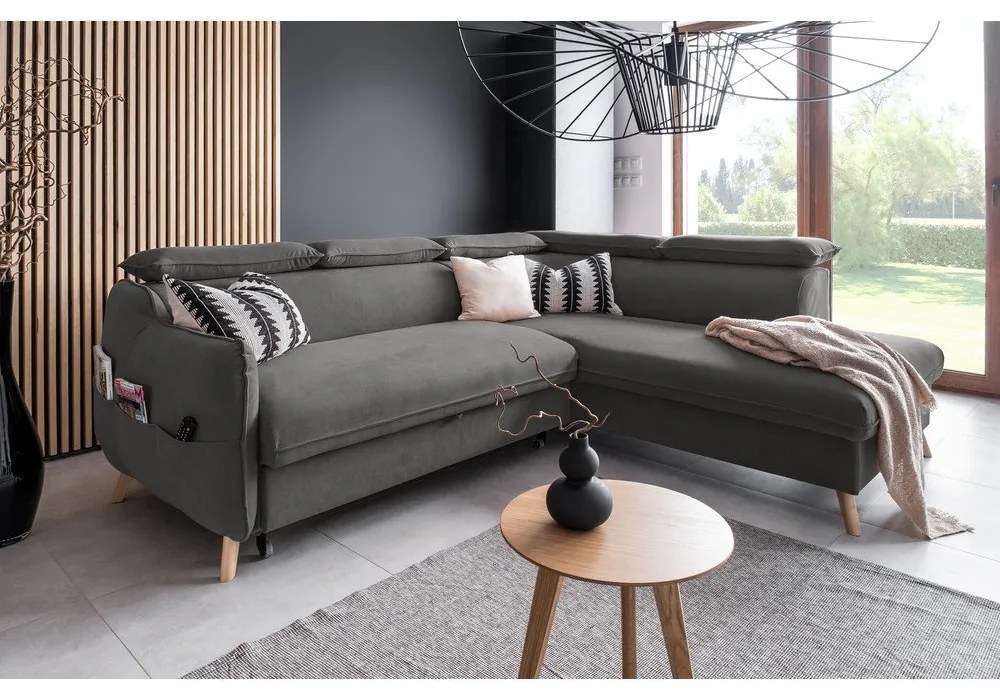 Тъмносив ъглов разтегателен диван от кадифе (десен ъгъл) Sweet Harmony - Miuform