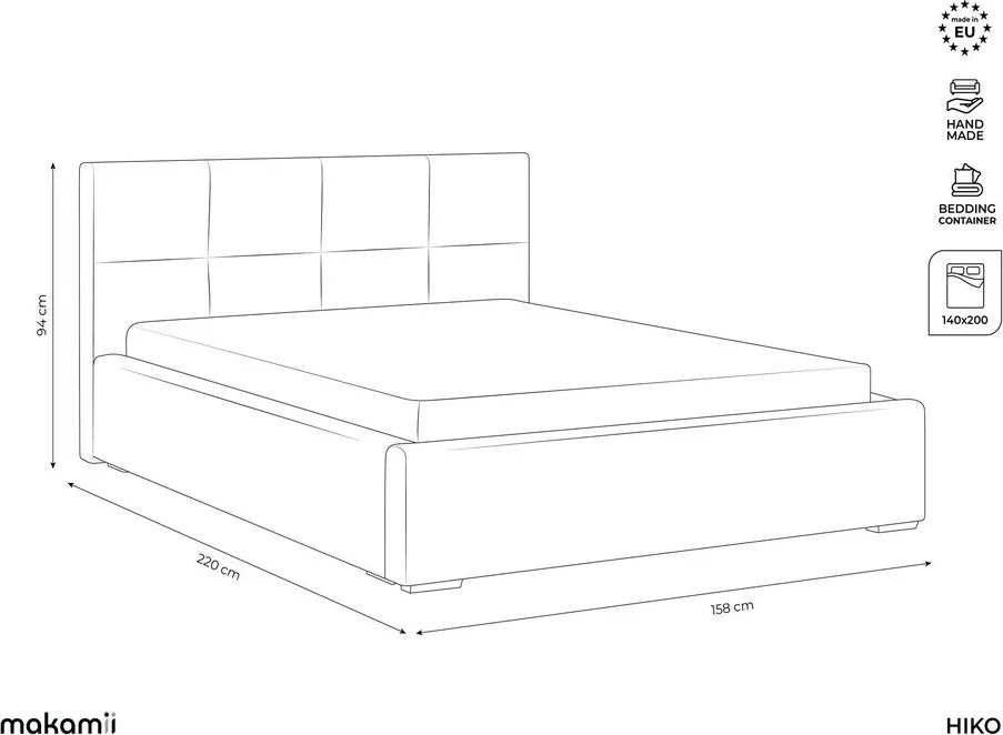 Светлосиво кадифено двойно легло 140x200 cm тапицирано с място за съхранение и включена подматрачна рамка Hiko – Makamii
