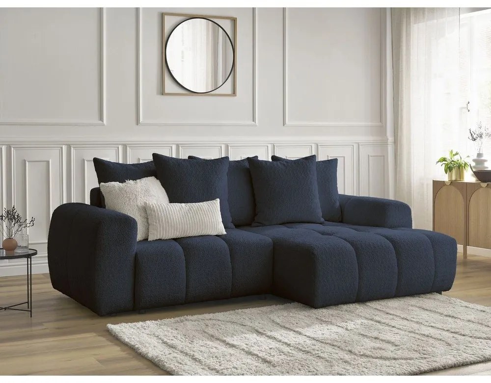 Син разтегателен ъглов диван с място за съхранение от букле (десен ъгъл) Roxelane – Bobochic Paris
