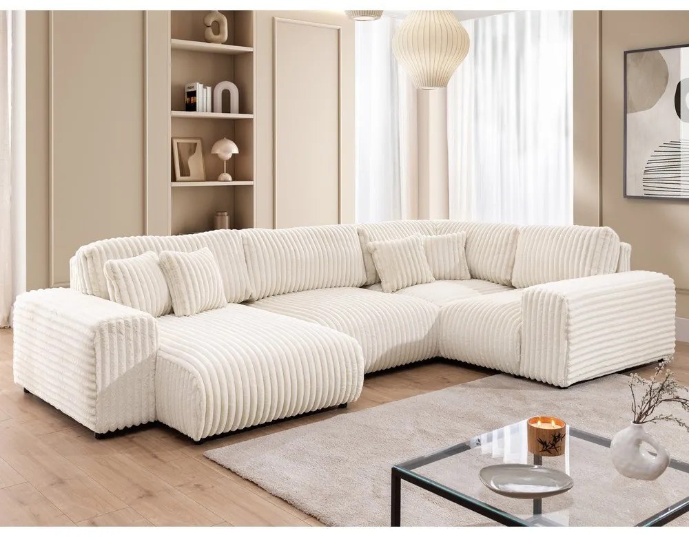 Кремав ъглов диван от рипсено кадифе (десен ъгъл/U форма) Justin – Ropez