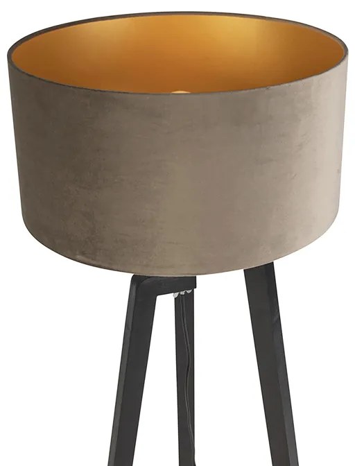 Подова лампа триножник черна с кафяв абажур и злато 50 см - Puros