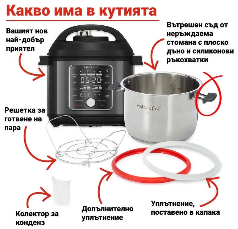 Мултикукър Instant Pot Pro Plus 112020101, 1200W, 5.7 л, 10 програми, WiFi управление, Неръждаема стомана, Черен