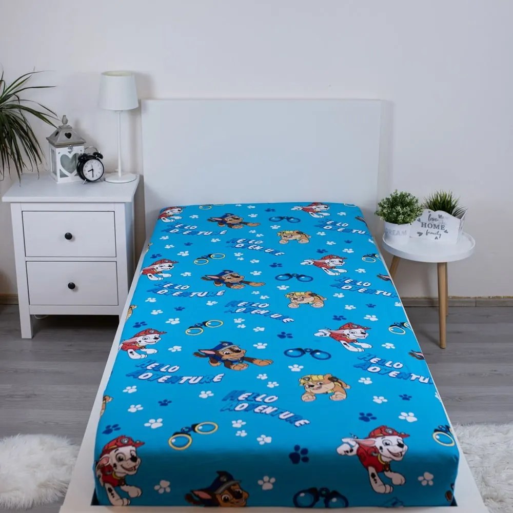 Син еластичен единичен памучен детски чаршаф 90x200 cm Paw Patrol – Jerry Fabrics