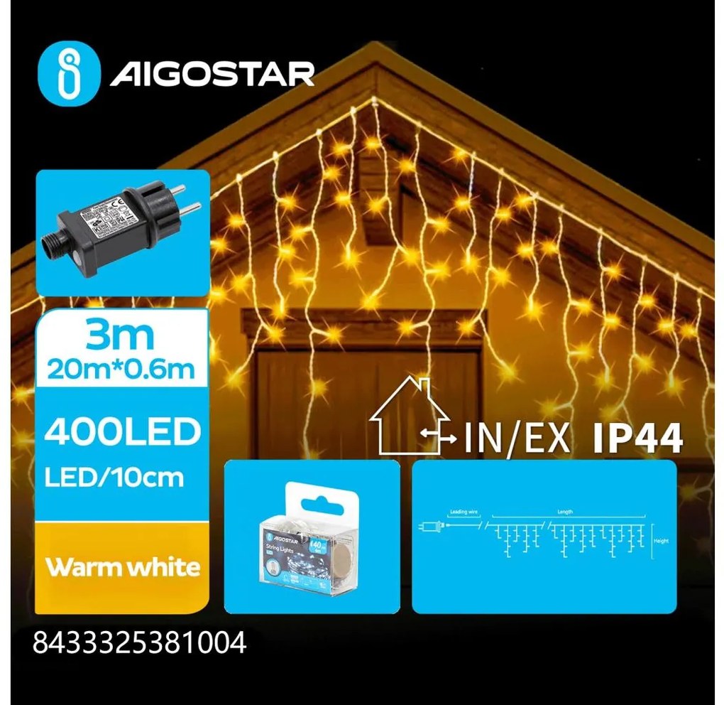 Aigostar - LED външен коледен гирлянд 400xLED/8 функции 23x0,6m IP44 топло бяло